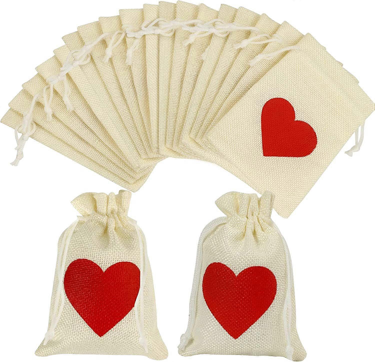 White Burlap Gift Bags - Heart Pattern Drawstring (20pcs)