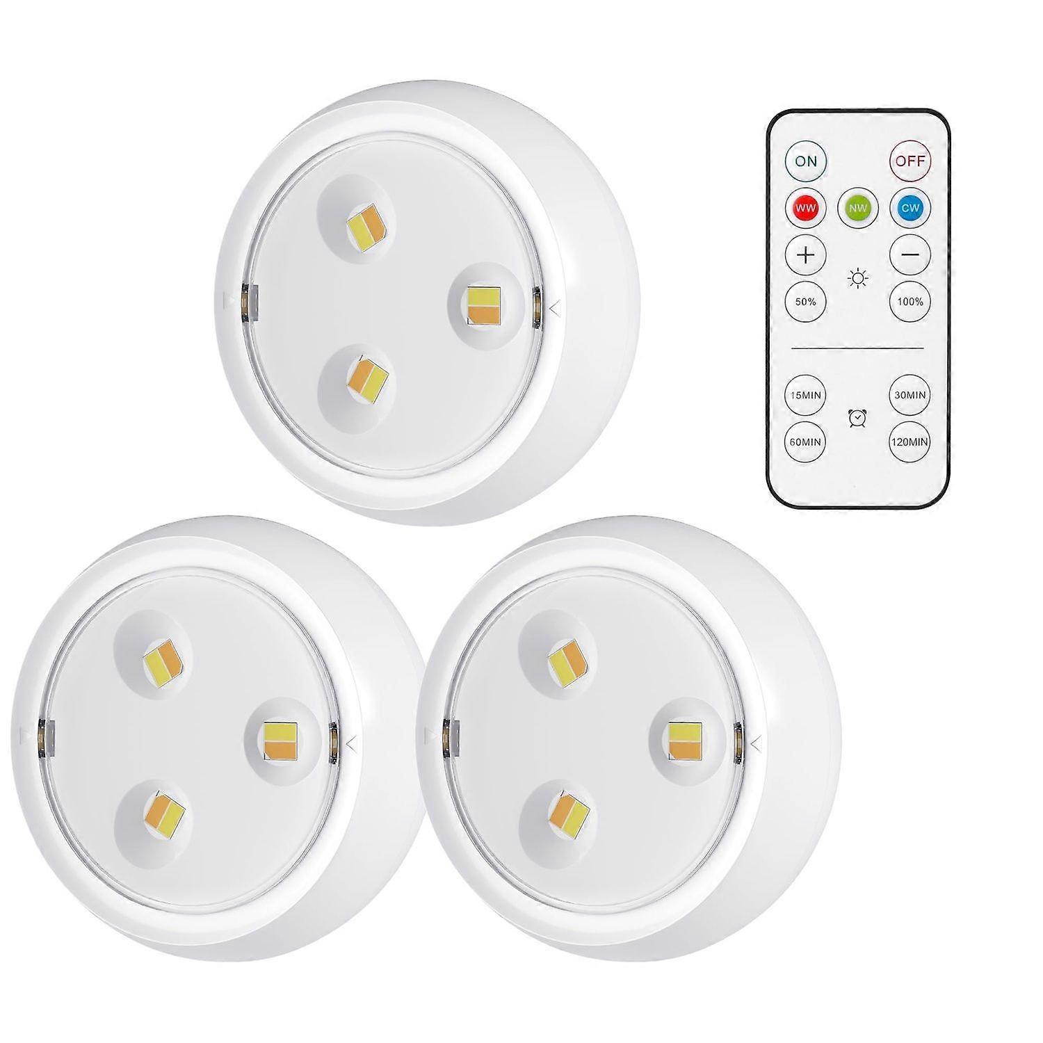 LED Puck Lights with Remote, 3 Color Light, Battery Operated Push Light Under Cabinet Light, Dimmable Tap Light, 50 Lumens, Stick On Closet Light(Whit