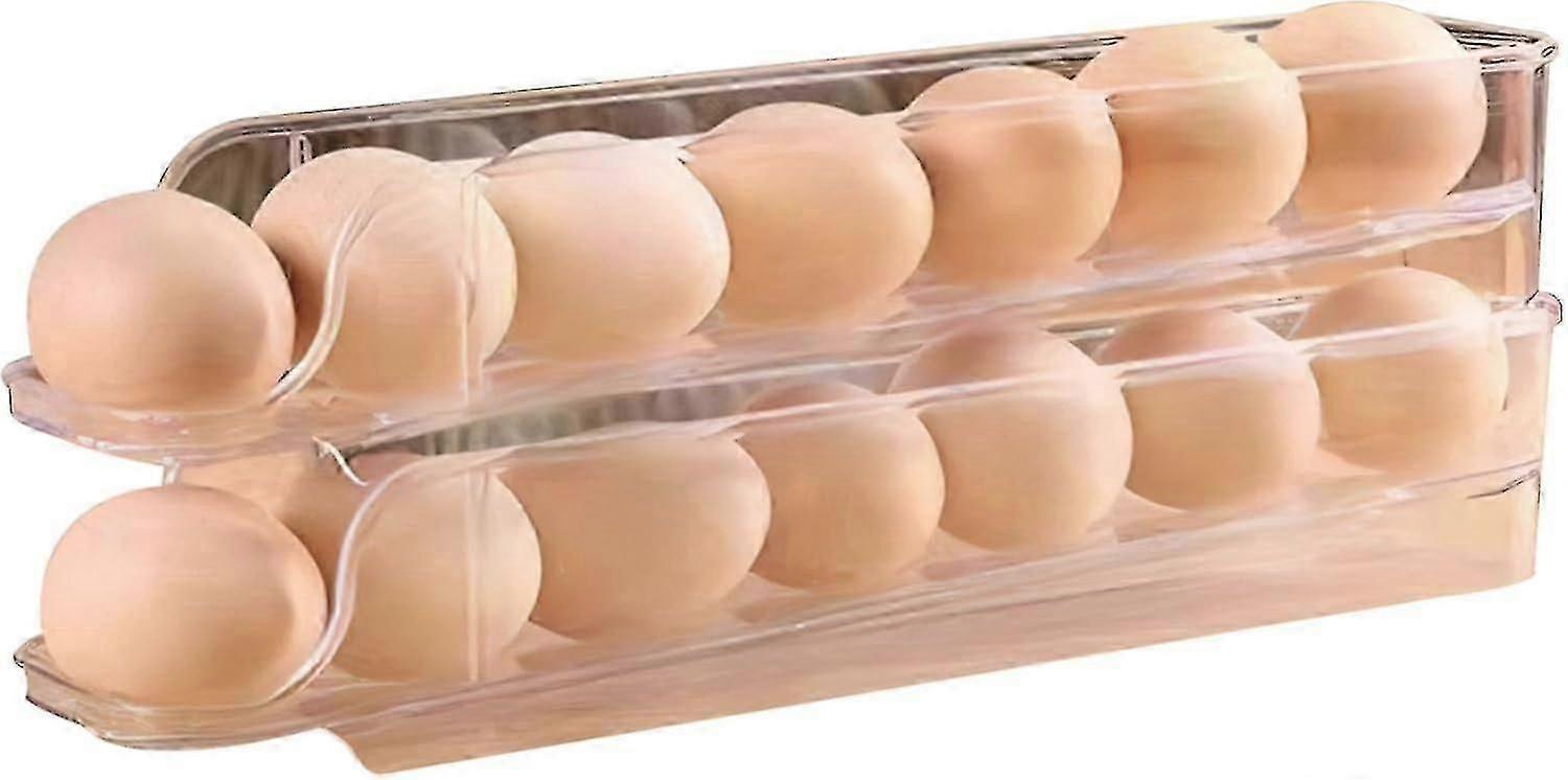 Egg Holder for Fridge 2 Tiers Egg Tray Stackable Egg Dispenser Holds 14 Eggs Automatic Rolling Clear Plastic Fridge Egg Organizers
