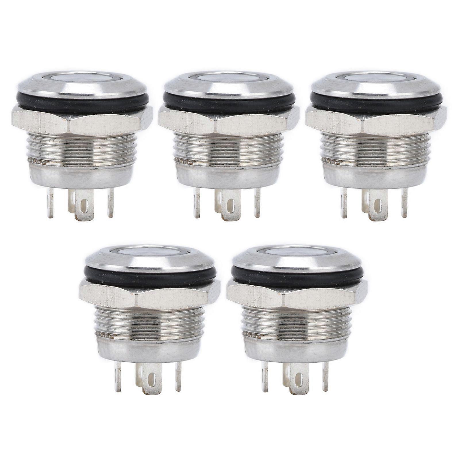 5Pcs Button Switch Stainless Steel Flat Top Button with LED Self Reset Power Accessories 12mmDC36V White