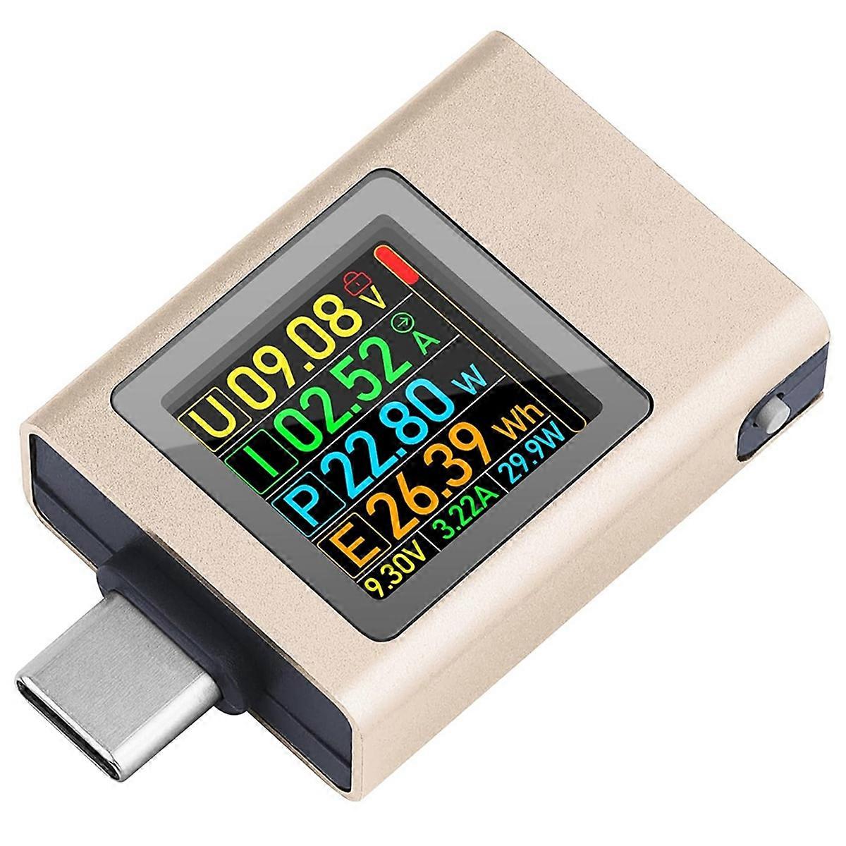 Type-C Effektmåler Tester Spænding Strøm Digital Multimeter DC 4,5-50V 0-12A PD 3,1 Champagne Farve