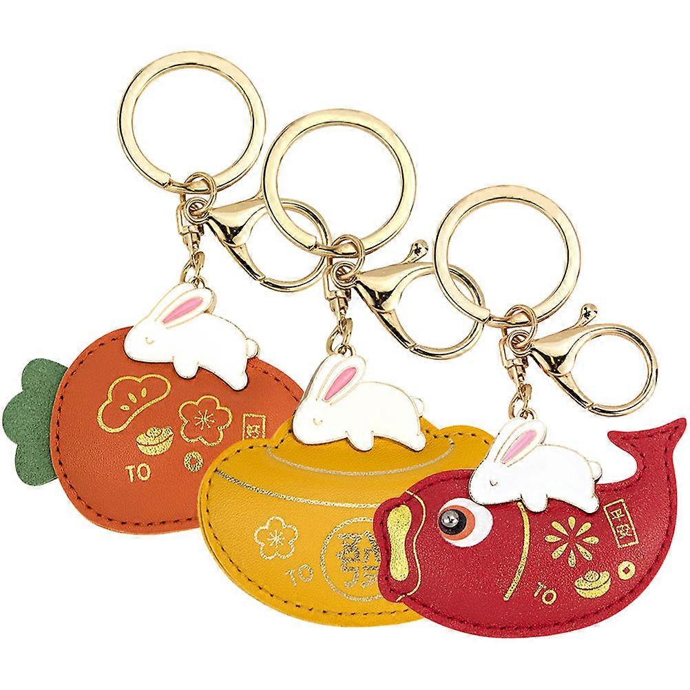 Cartoon Rabbit Keychain 3Pcs Assorted Color PU Rabbit Keychain Decor Gift-Ready