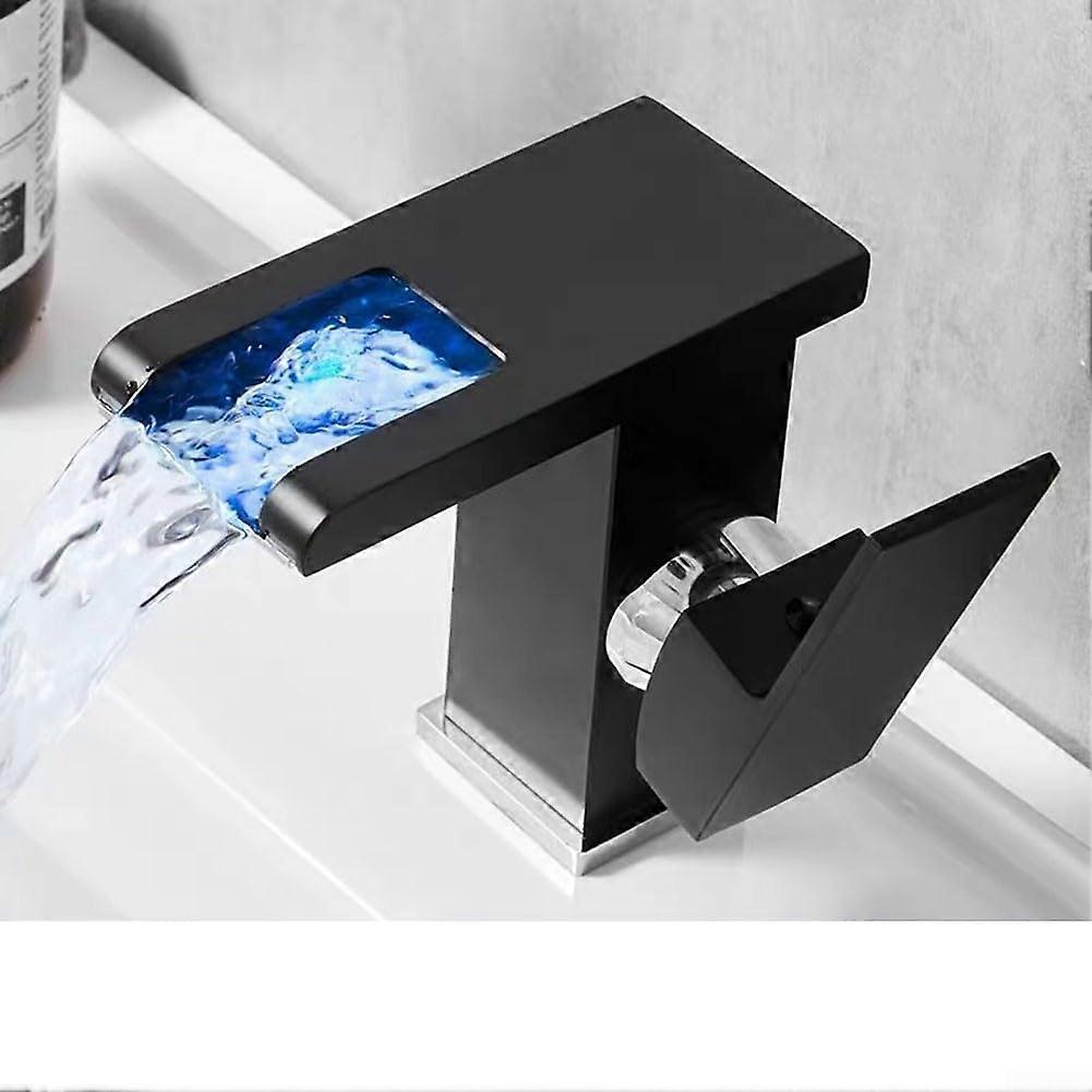 Bathroom Faucet Waterfall Faucet With LED Lights, Single Handle Design, Black Finish, Safe and Easy Installation