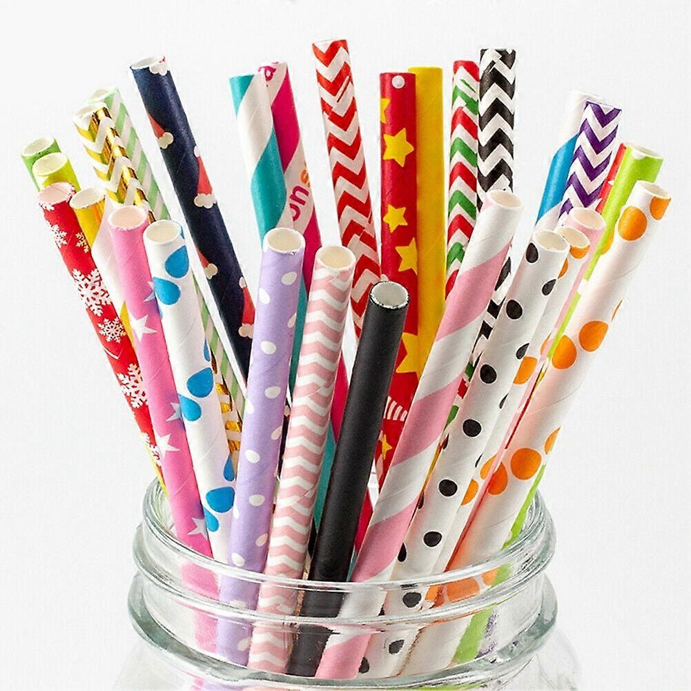 US 100~200 Bulk Packed Paper Straws Pattern Color -Biodegradable FDA Approved