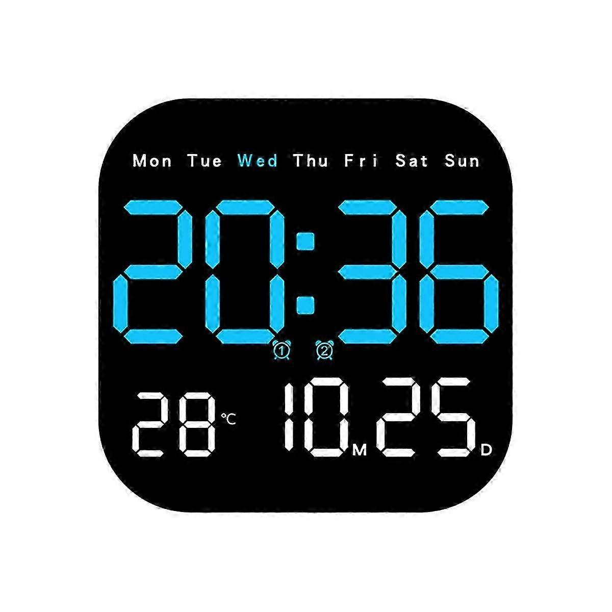 Digital Wall Clocks Temperature Date Week Dispaly Electronic Table Clock 12/24H Wall-Mounted LED Alarm Clock Remote,B