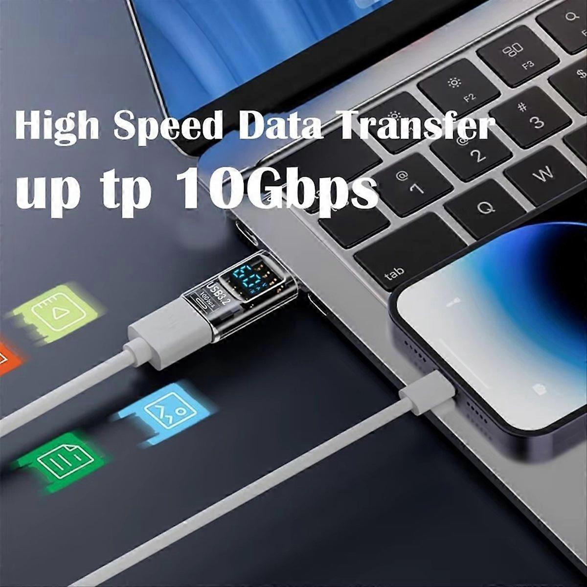 1PC Digital LED Display USB 3.2 Adapter 36-60W 10Gbps Laptop Type-C Converter Data Transmission