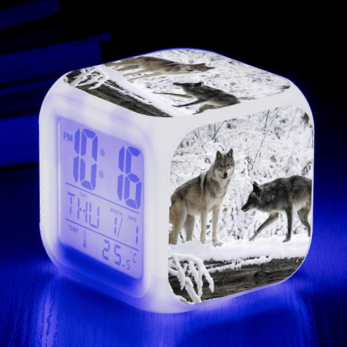 LED Alarm Clock with Wolf Pattern - Glowing Colorful Digital Table Clock, Compatible with HTNL#1007, Fun Gift for Kids & Adults