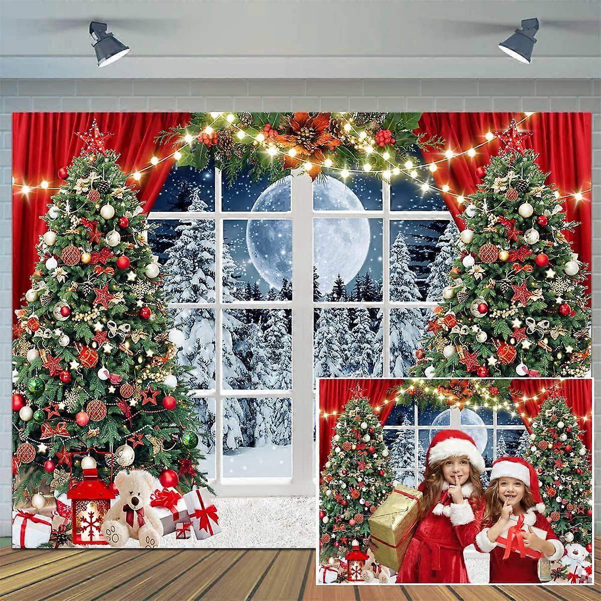 Custom 8x6ft Christmas Window Backdrop for Photography, Winter Xmas Tree, Snow Holiday Party Banner, Photo Studio Props