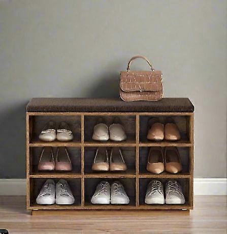 Storage Shoe Bench With Padded Seat And Cushion, 9 Compartments With Adjustable Shelves