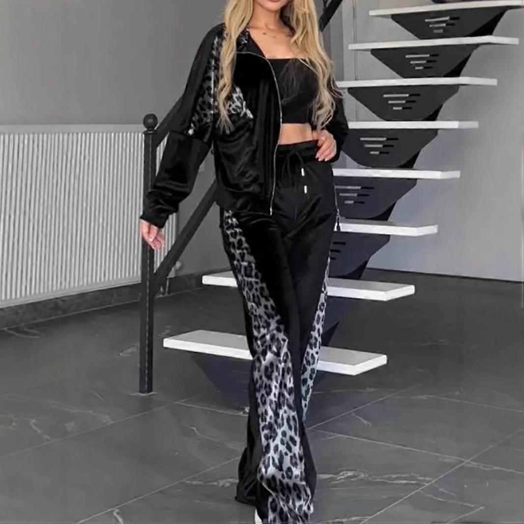 Women's Velour Tracksuit Set with Leopard Print Detail, Zip-Up Jacket and Wide Leg Pants