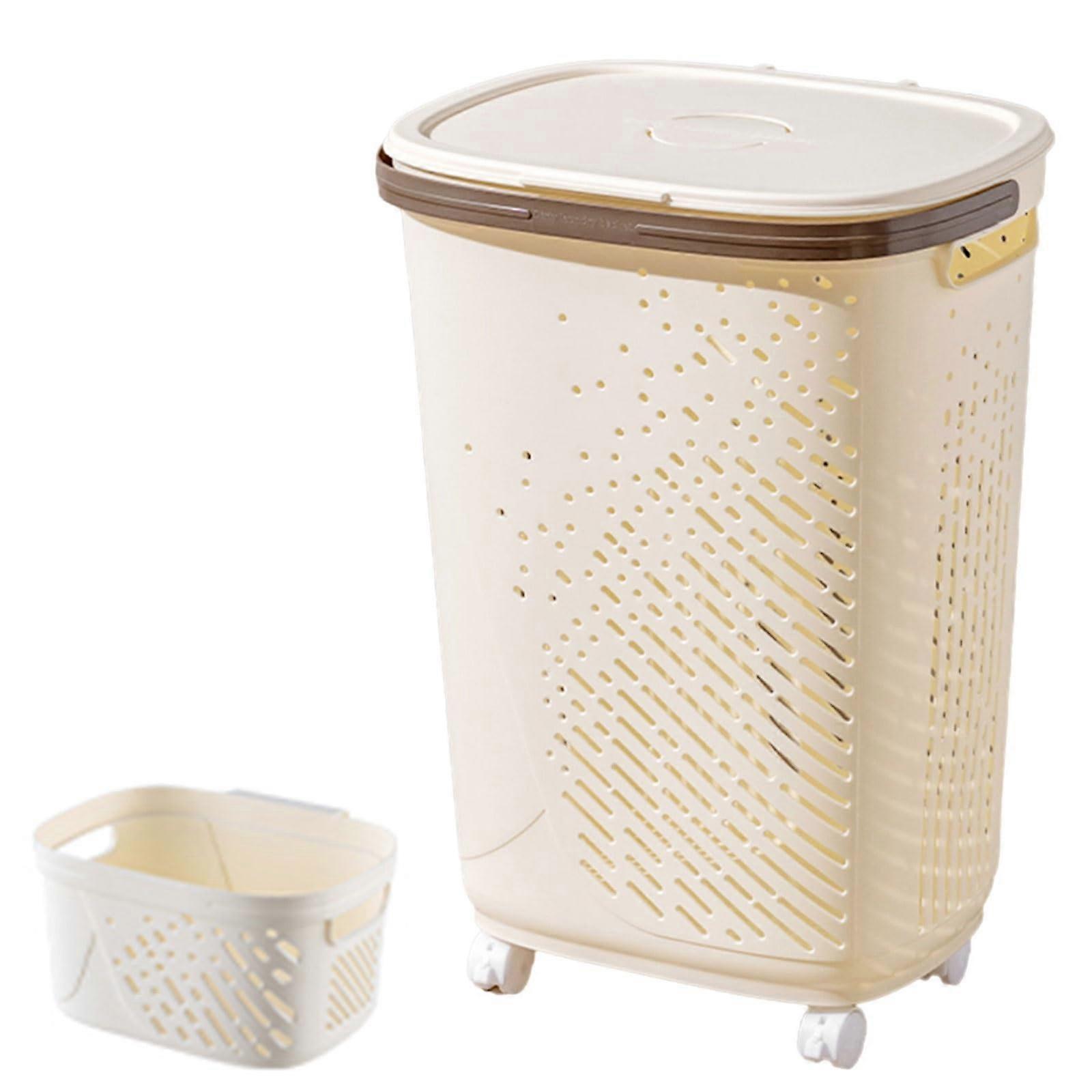 Laundry Basket with Wheels PP Plastic Narrow Storage Cart with Handle for Clothes  Yellow 44x35x62cm