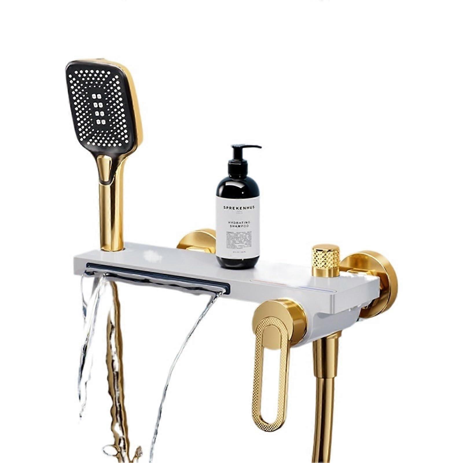 Bathtub Shower Faucet with Single Handle Mixer Tap and Handheld Waterfall Spout Wall Mounted White Gold