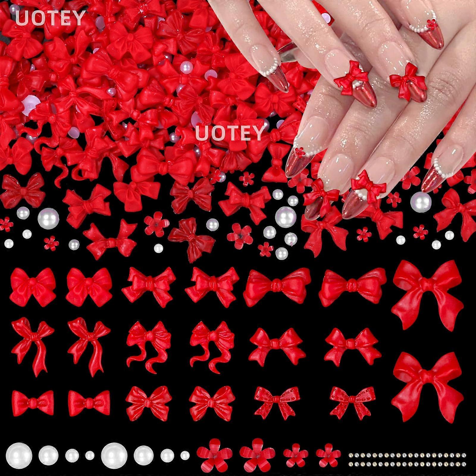 200 Pcs Red Bow Nail Art Charms Set, Mixed 3D Resin Designs for Acrylic Nails and DIY