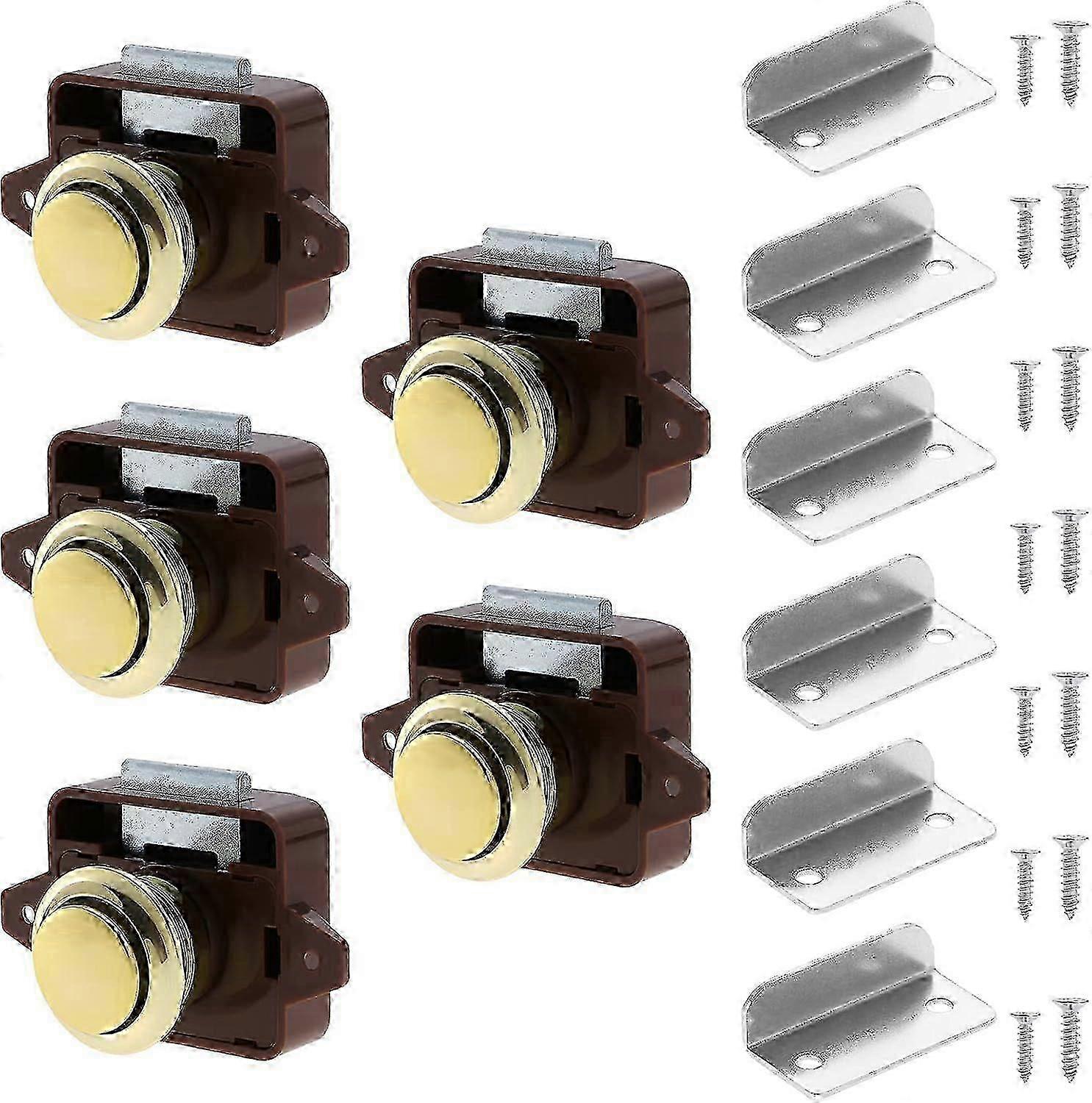 Brown and Gold 5 Pack Push Button Locks, Cabinet Drawer Locks, Keyless Door Lock Knobs for Caravan,