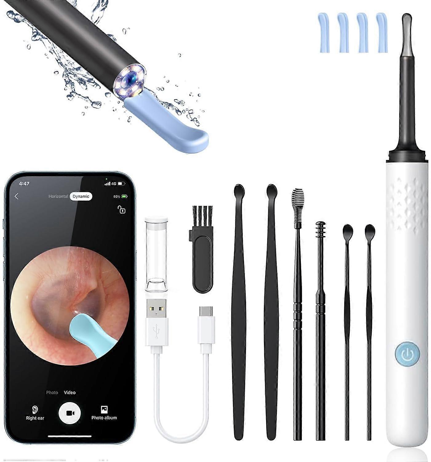 Ear Wax Removal Kit with 1080P Camera and LED Light for iOS Android, Includes Cleaning Spoons, OffWhite