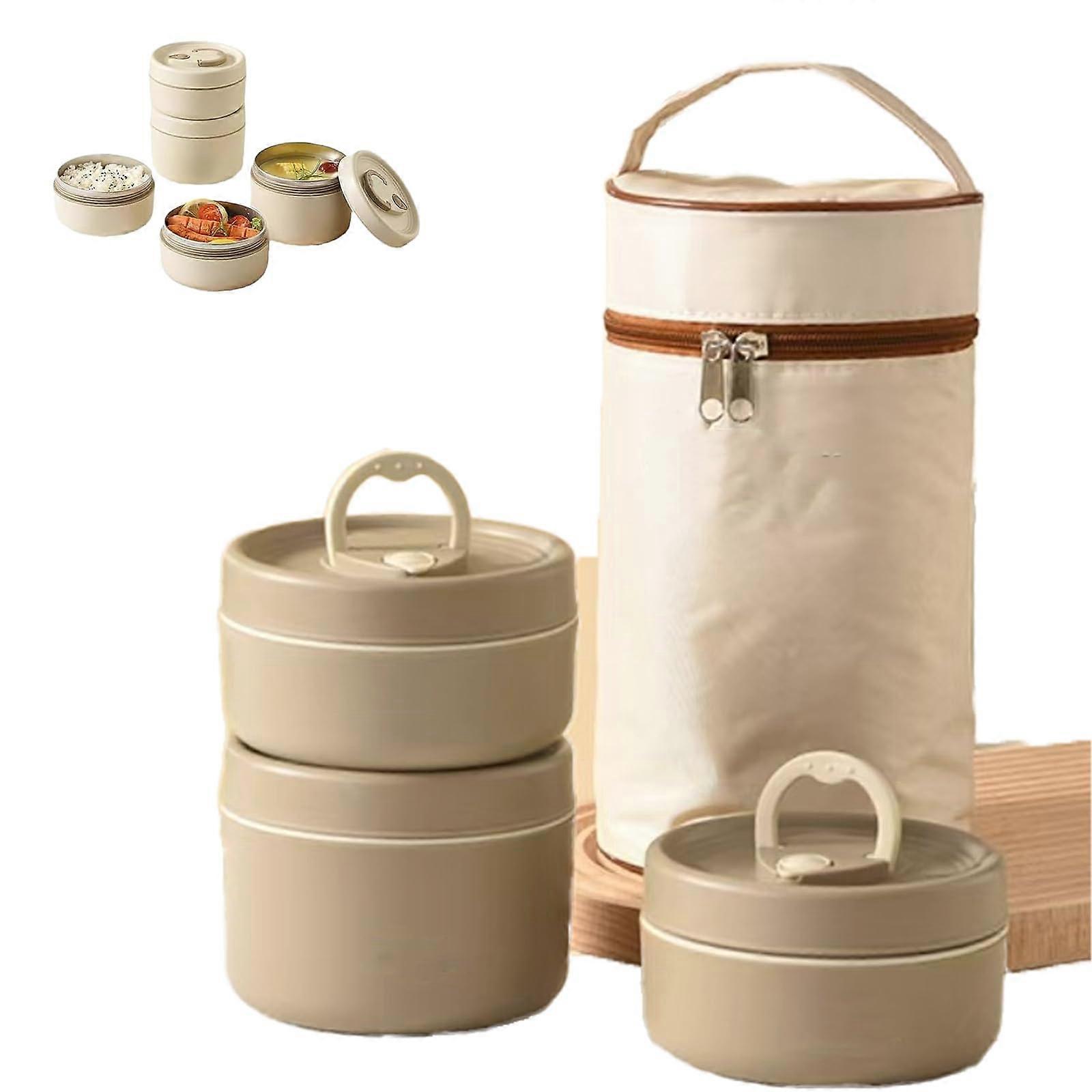 Insulated Lunch Box Set with LeakProof Stainless Steel Bento Containers, 4Tier Stackable Design, Brown 3Pcs