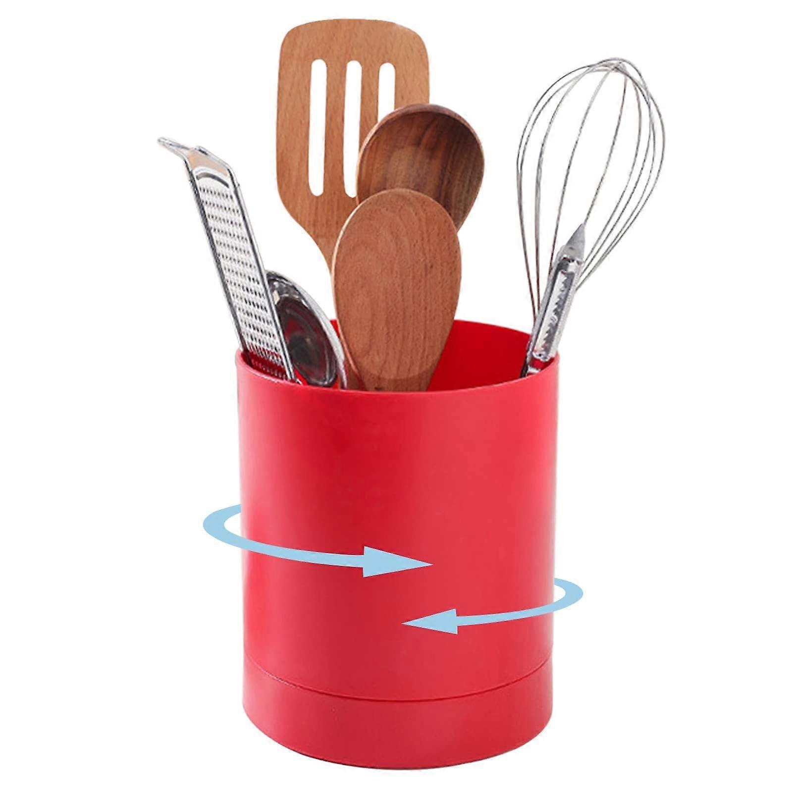 Utensil Holder with 360° Rotatable Base, 3Compartment NonSlip Kitchen Organizer, Red