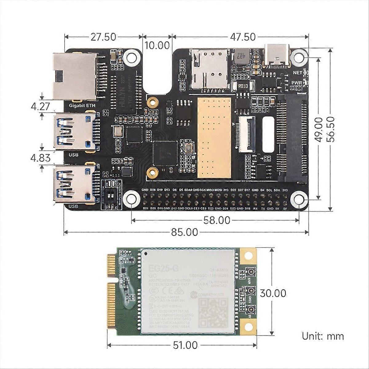 For Raspberry Pi 5 PCle to MiniPCle GbE USB3.2 HAT+ Gigabit Ethernet