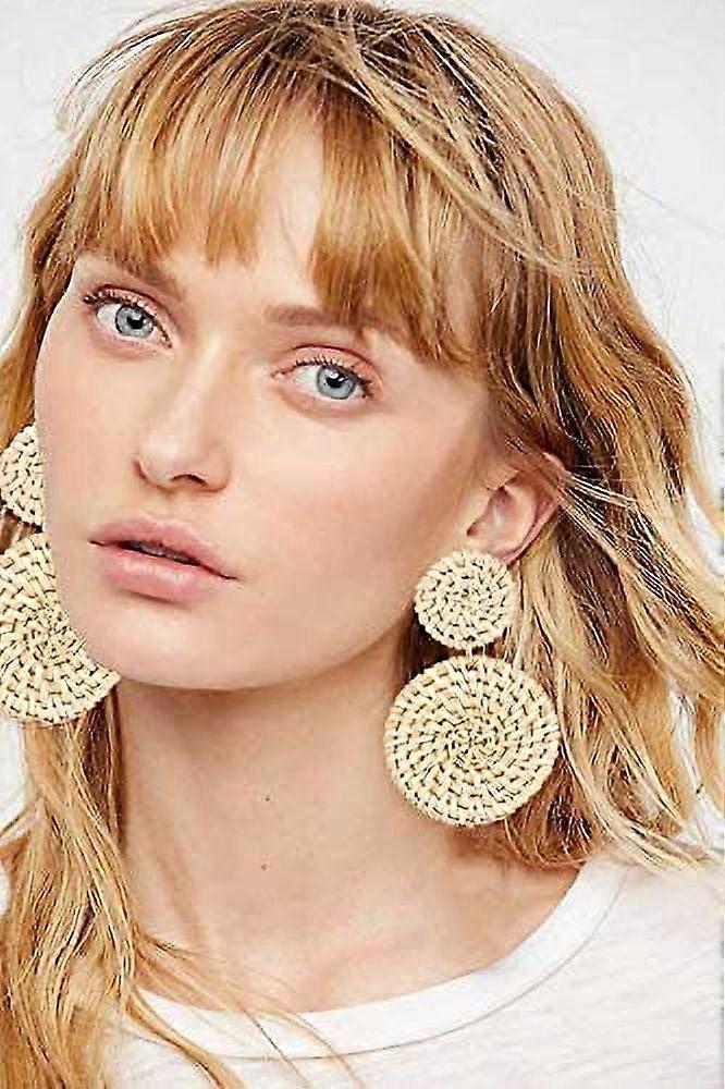 Double Disc Drop Earrings Boho Rattan Dangle Statement Earrings