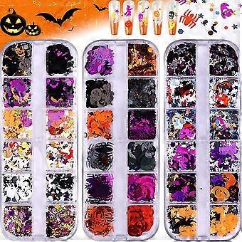 3 bokser halloween neglekunst glitter paljetter, 3d holografisk hodeskalle edderkopp gresskar flaggermus spøkelse heks halloween konfetti glitter for DIY neglekunst halloween 