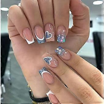Vita French Tip-pressnaglar med blå glitterdetaljer, glansig finish, 24 st för omedelbar salongslook