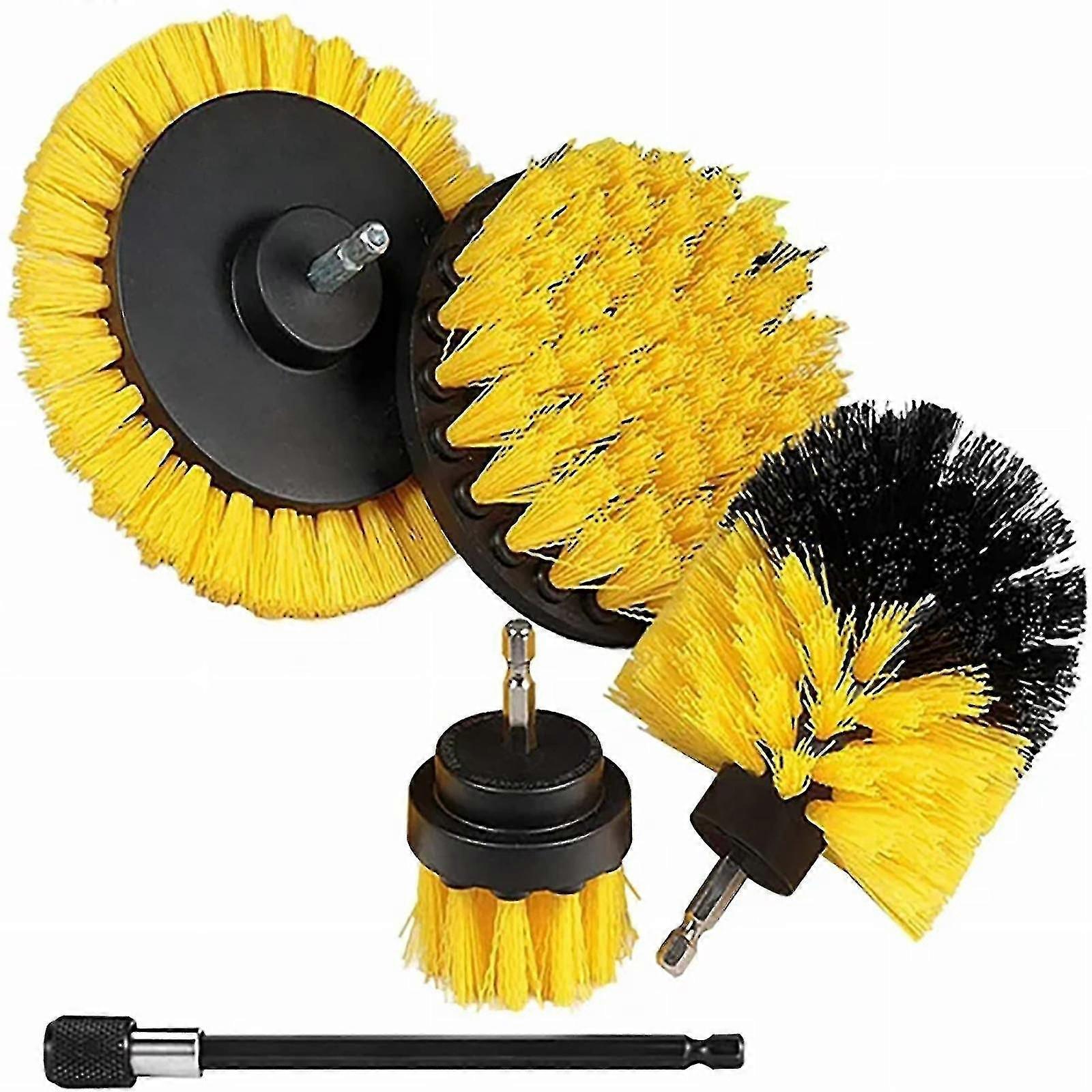 Drill Scrub Brushes 4-Pack Yellow, Nylon Bristles, Deep Cleaning for Car, Bathroom, Kitchen