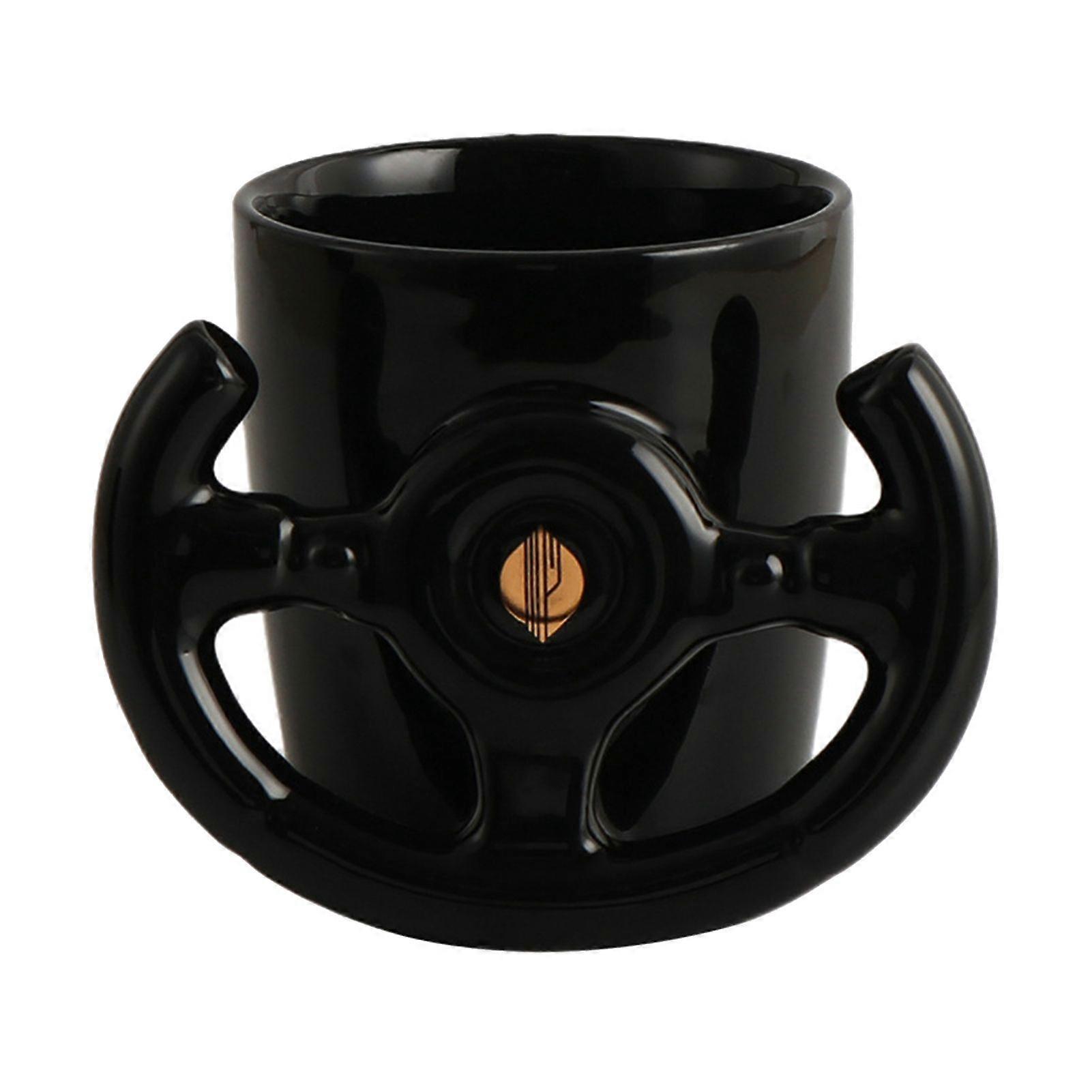 Funny Steering Wheel Coffee Mug, Ceramic Racing Themed Cup, 400ml Glossy Black Drinkware for Office Desk And Gaming Room