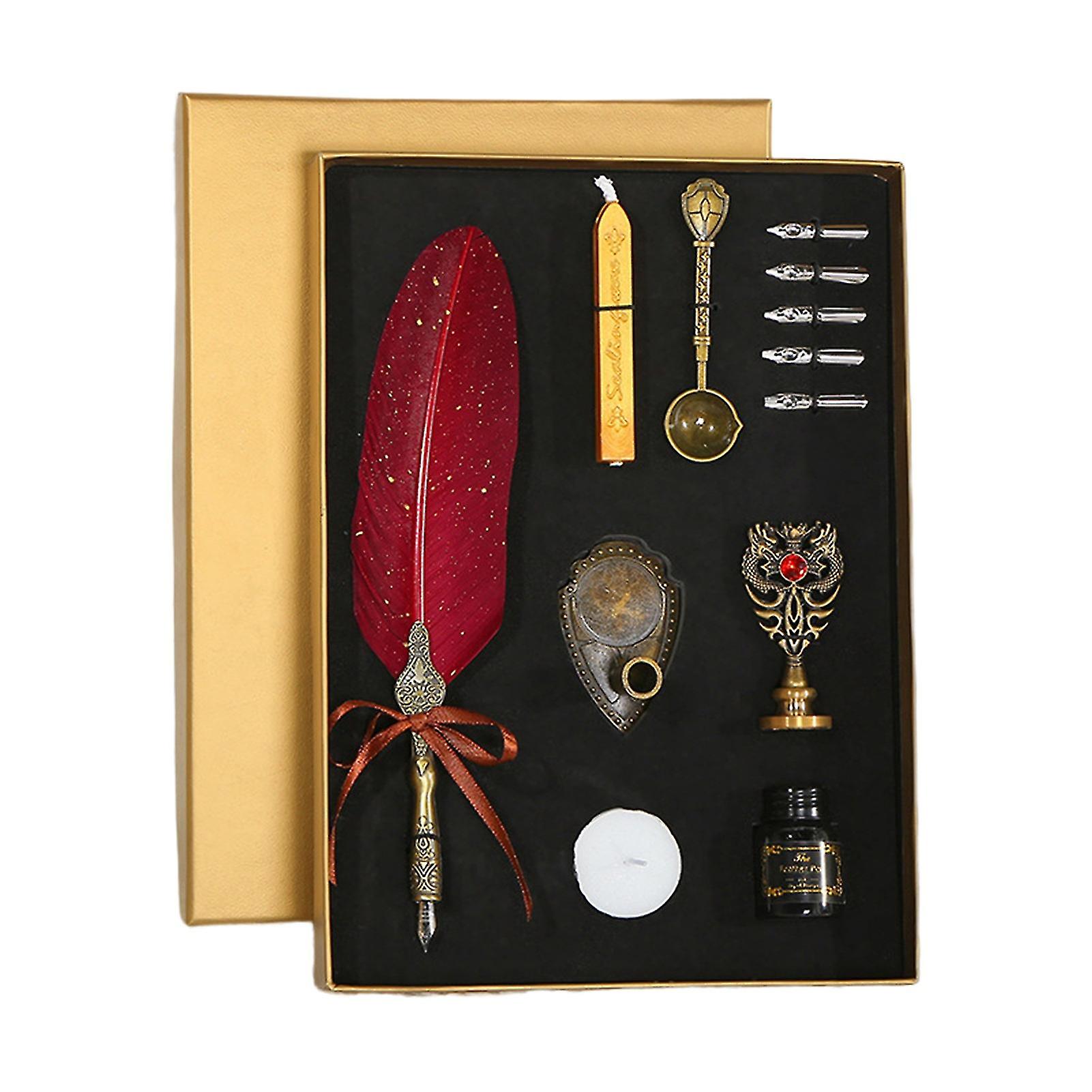 1 Set Retro Quill Pen Set With Lacquer Stick Handcrafted Vintage Glitter Design Feather Pen Kit For Students