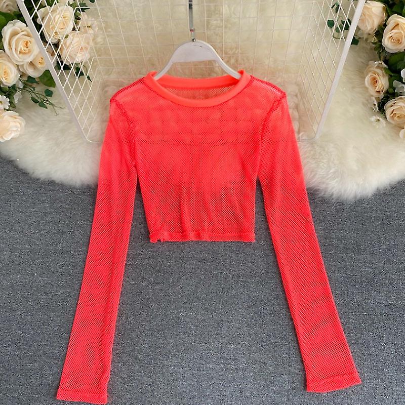 See-through Mesh Hollow Solid Color Pullover Long Sleeve