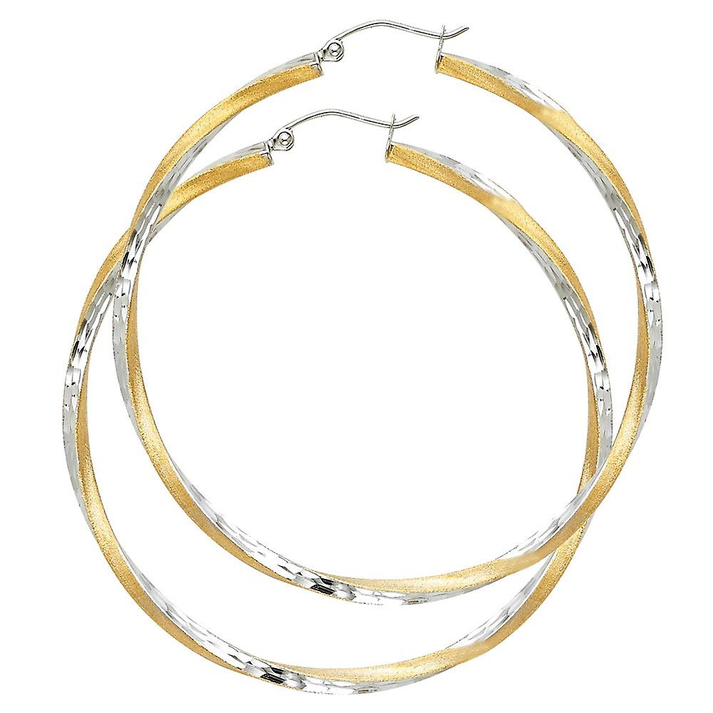 14k Yellow Gold and White Gold Sf Sparkle Cut 2.6mm Swirl Hoop 55mm Earrings-Hoop Earring for Women