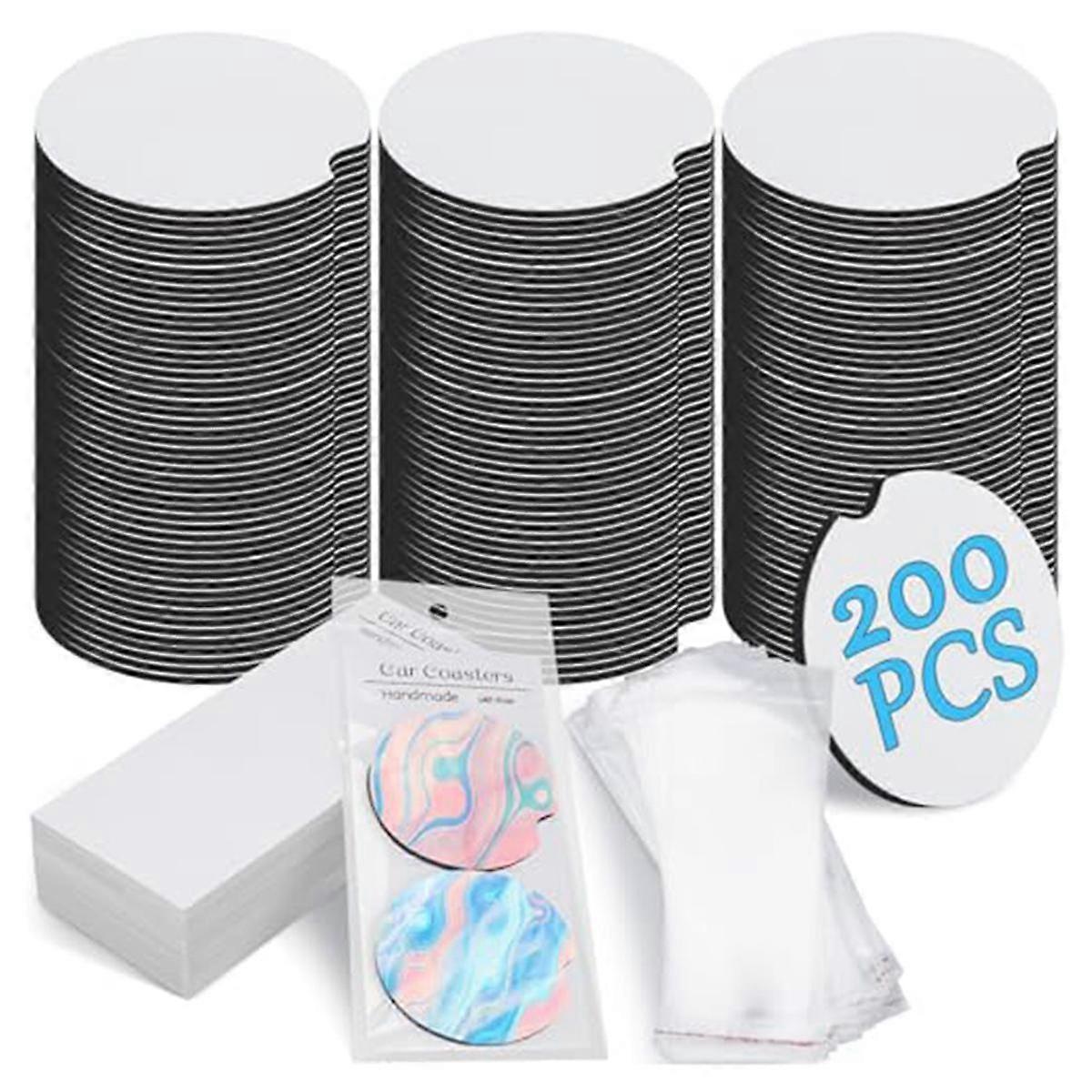 Sublimation Car Coaster Blank Set, 200Pcs 2.76inch Blank Sublimation Coaster 100 Adhesive Bag and Display Card White