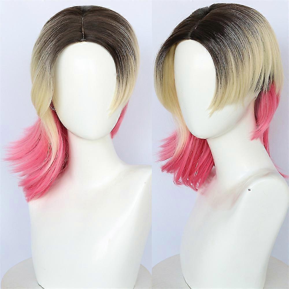 Spider Gwen Cosplay Wig For Women Girls Short Half Curly Half Straight Wig Blonde And Pink Gradient Synthetic Hair Wig For Hallowen Party