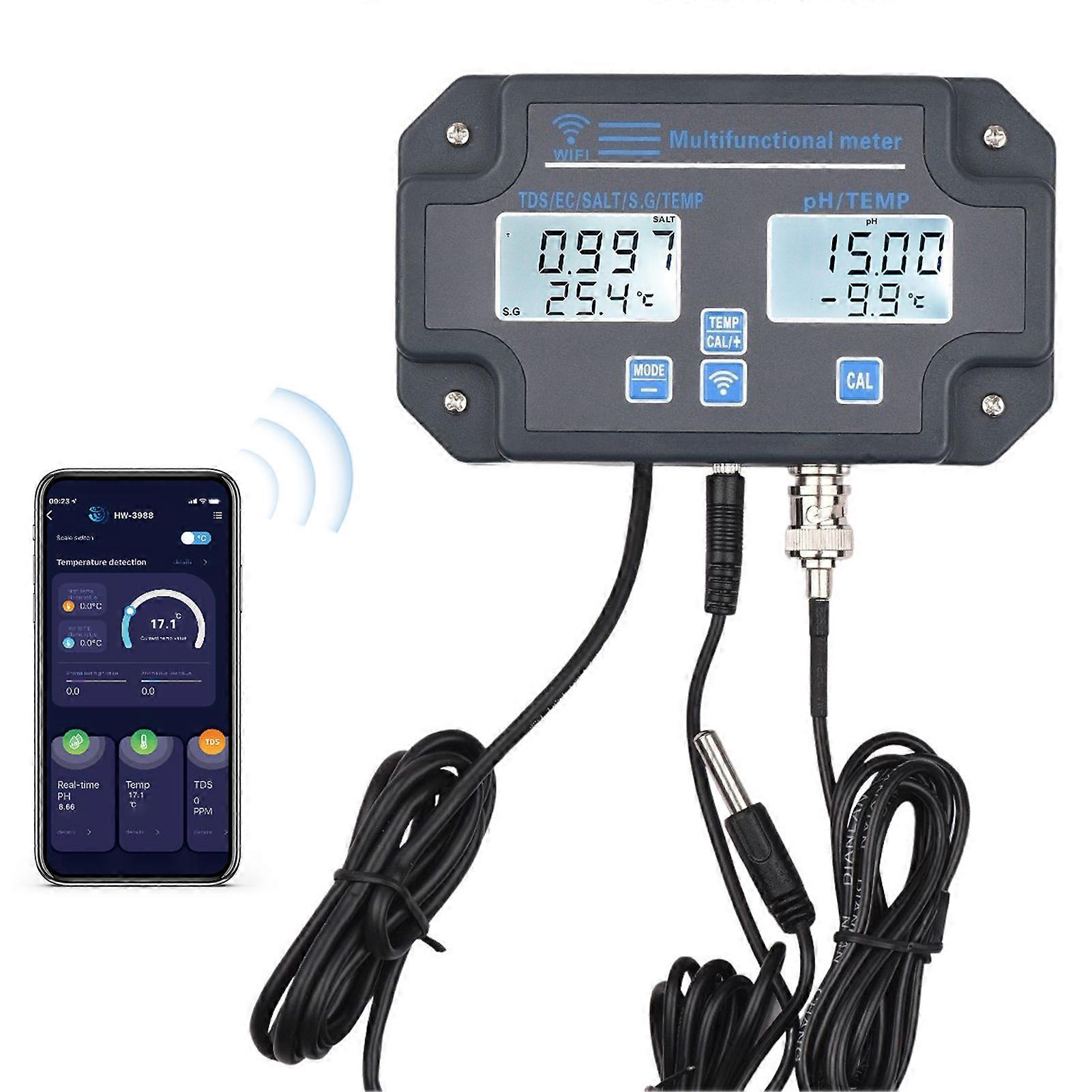 Wifi Digital Water Quality Tester Wall Mounted 6 in 1 Water Analyzer PH/ EC/ TDS/ SALT/ S.G/ Temperature APP Remote Monitoring Alarm Notification for