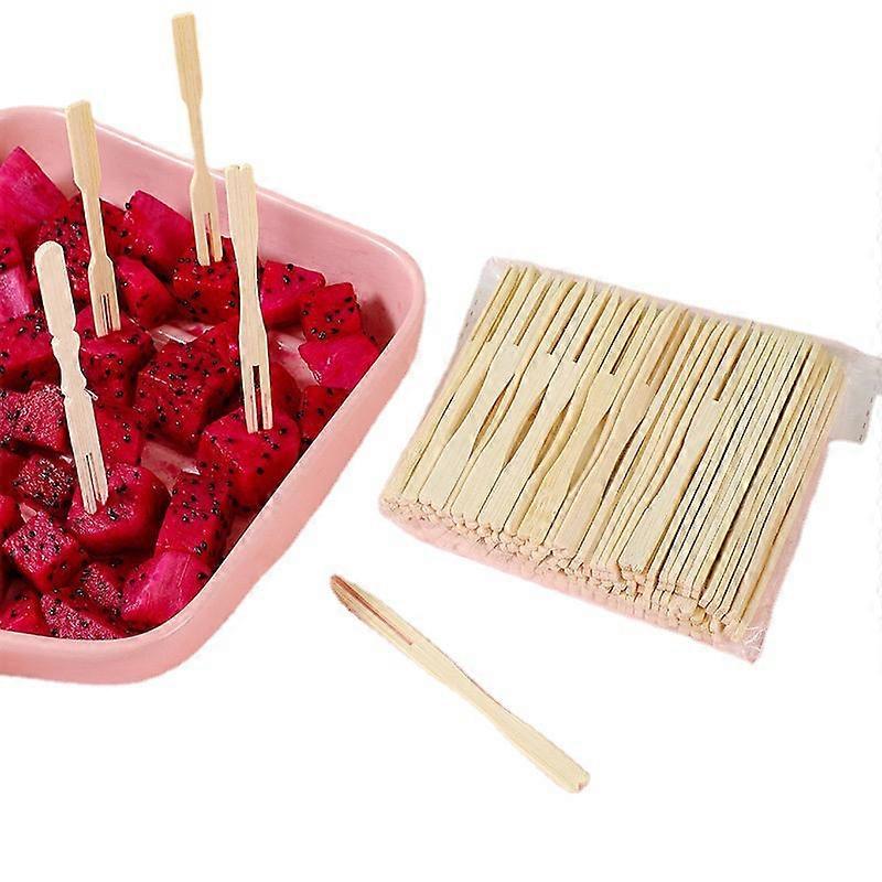 Bamboo Fork Appetizer Fork Double Fork Appetizer Cocktail Fork Mini Food Blunt End Fork For Banquet Catering Party, (1 pack/100 pcs, 500 pcs in total)