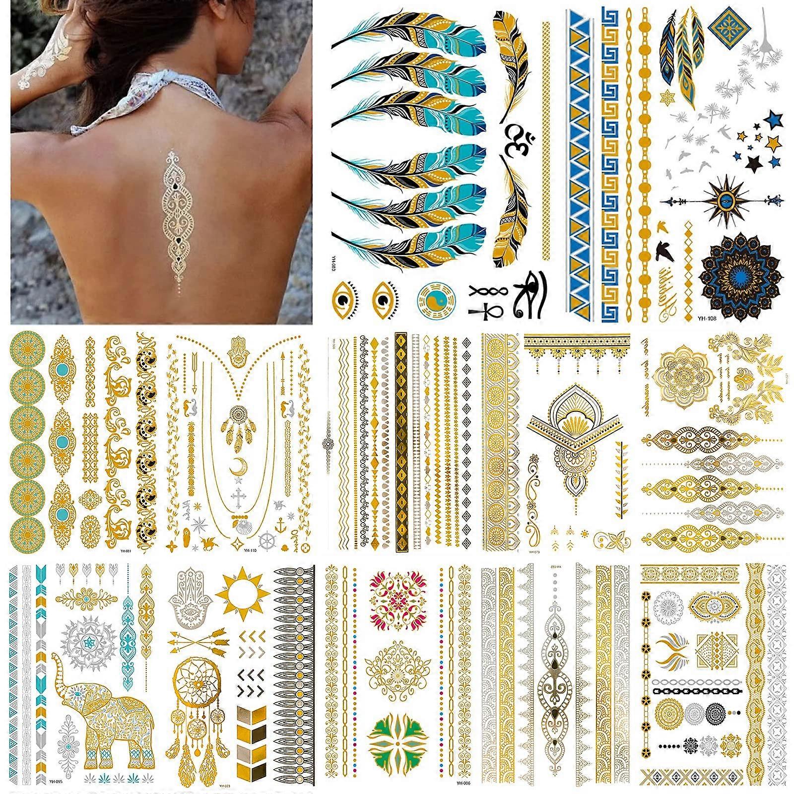 Autocollants de Tatouage En Mtal 12 Feuilles, 150+ Motifs Autocollants de Tatouage Temporaires En Mtal