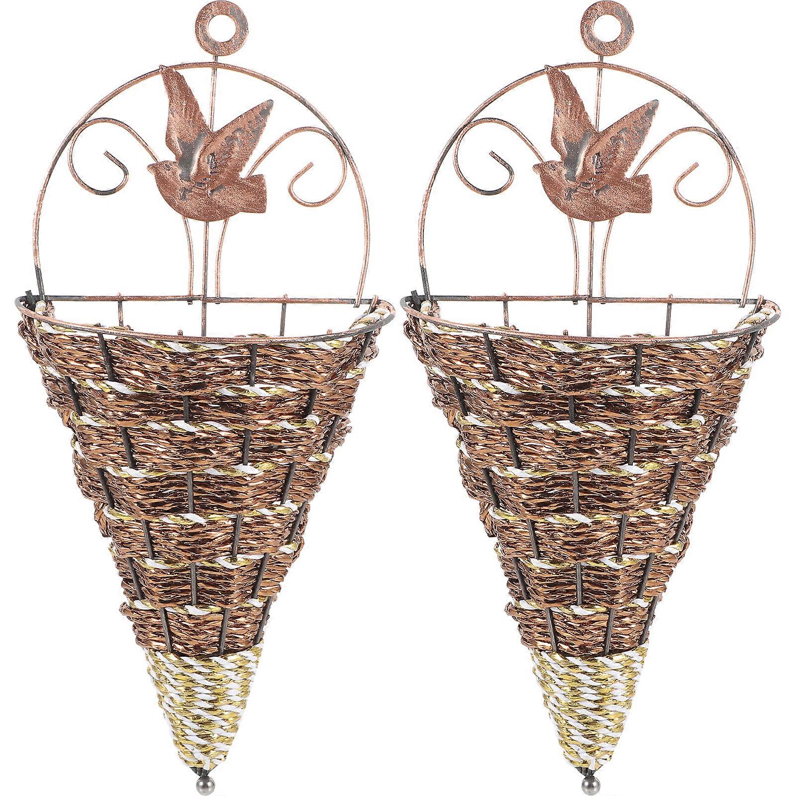 2pcs Wall Hanging Flower Basket Wall-mounted Simulation Rattan Flower Pot