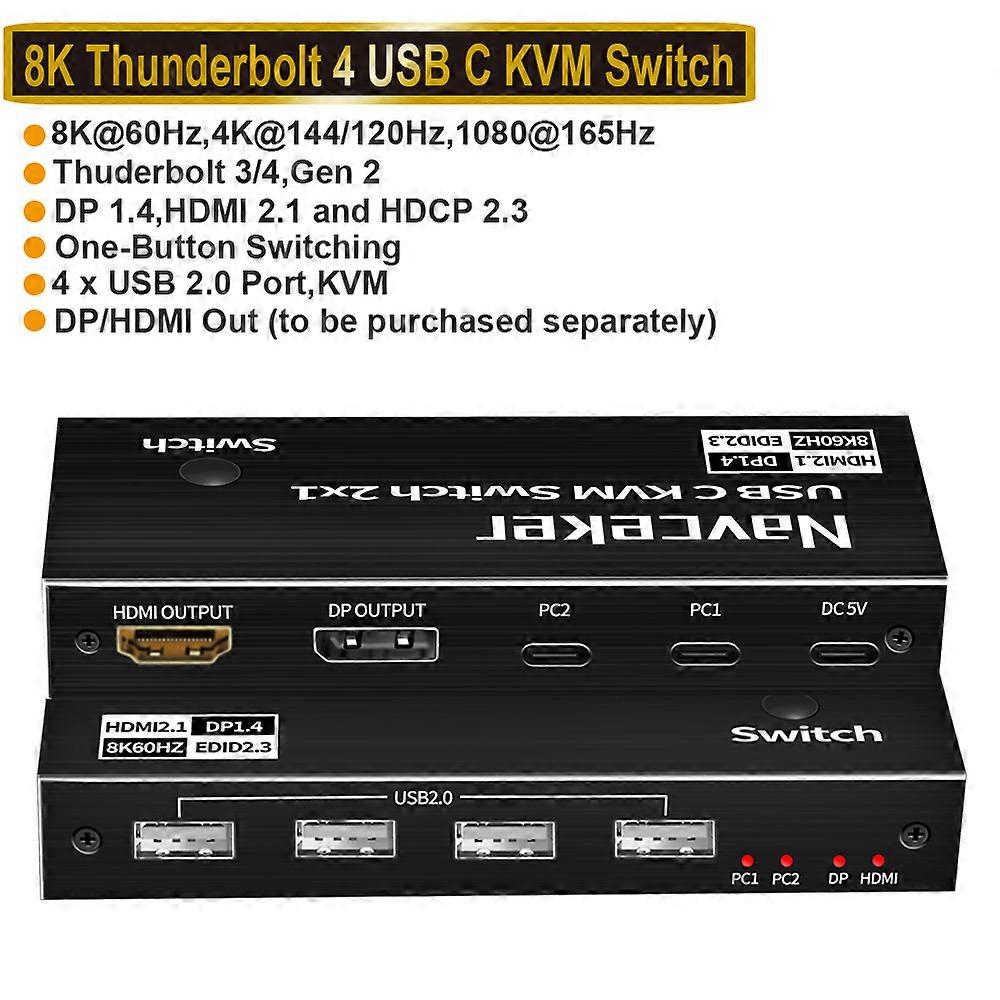 2x1 8K Thunderbolt 4 USB C KVM Switch 100W PD Charge 4K 144Hz Type C KVM Switch Switcher for 2 Laptop Macbook 1 Monitor