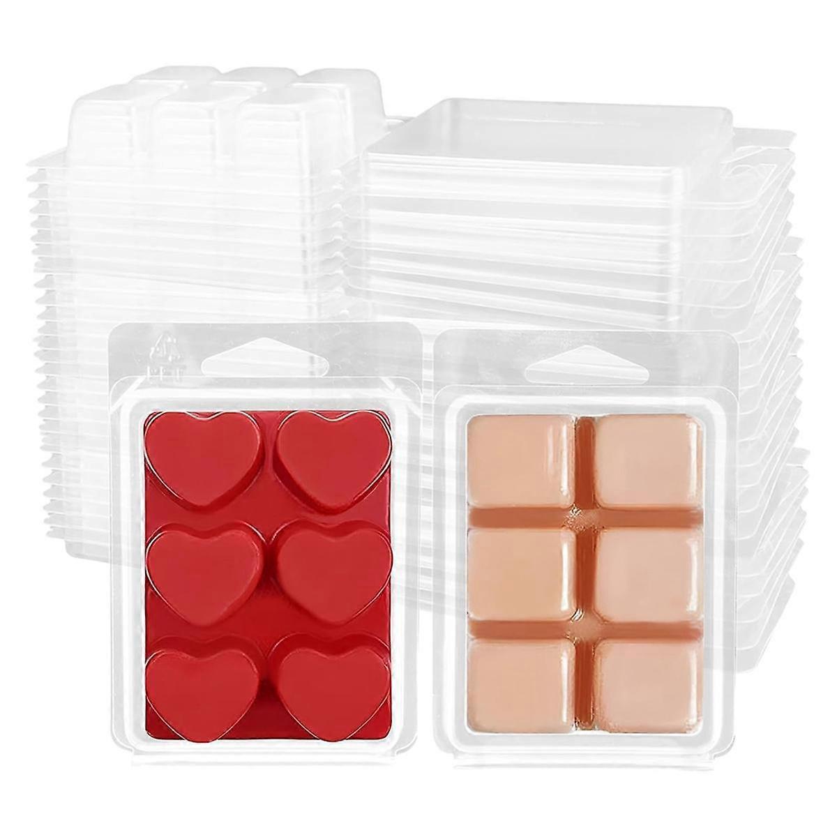 100Pack Wax Melt Clamshells , 6-Cavity Clear Empty Plastic Square & Heart Shape Cube-Wax Melt Container for DIY