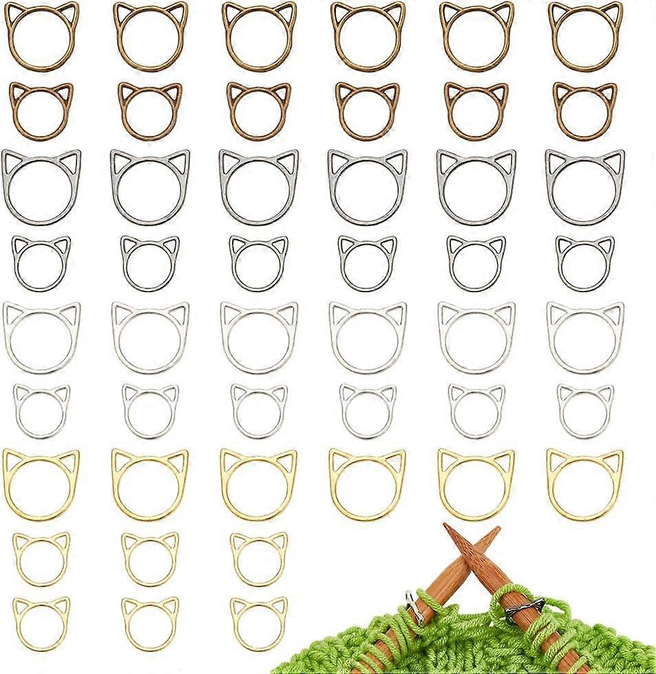 48Pcs Cat's Head Stitch Marker Rings Alloy Loop Stitch Marker Knitting Stitch Counter Stitch Ring Markers with Plastic Storage Box for Knitting Sewing