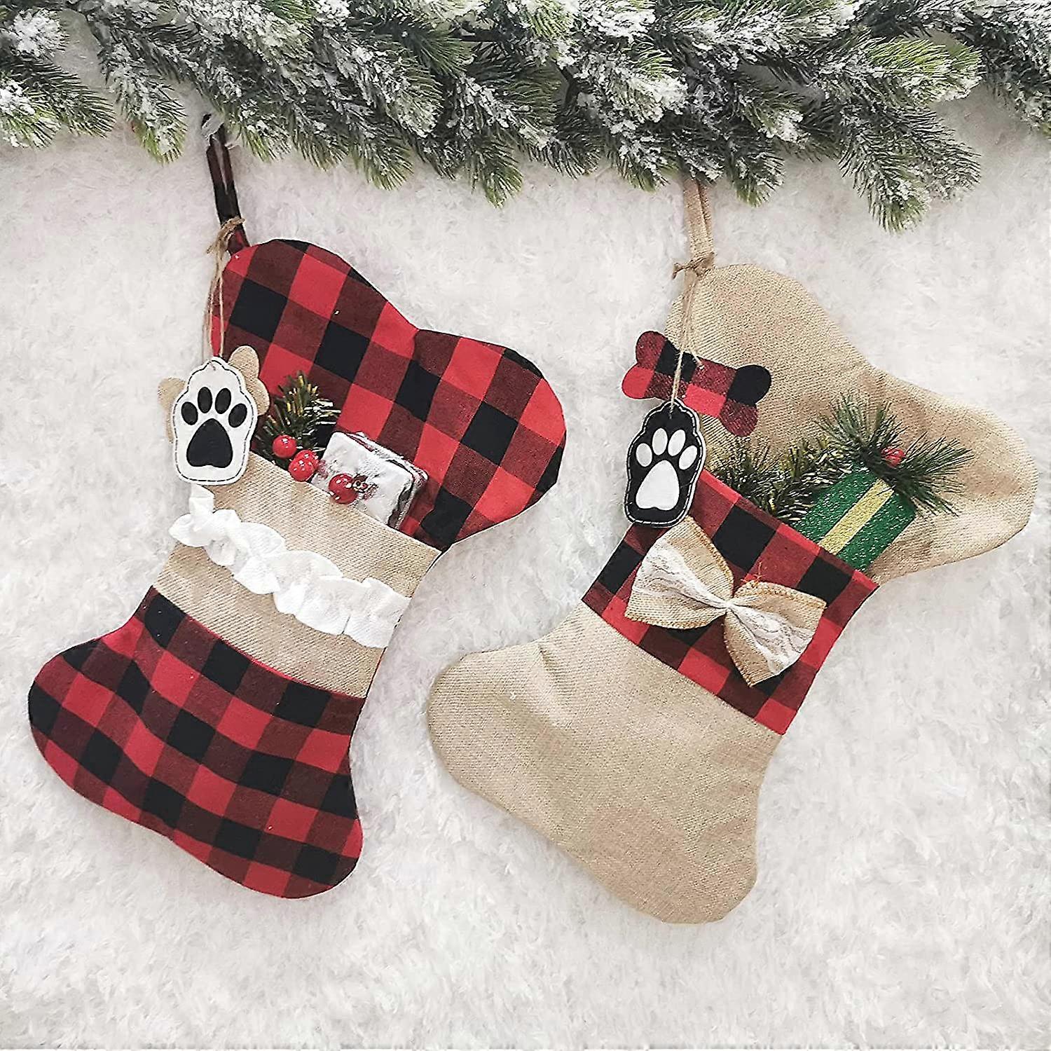 2 Pack Christmas Bone Shaped Burlap Christmas Socks for Pets  Bone Shaped