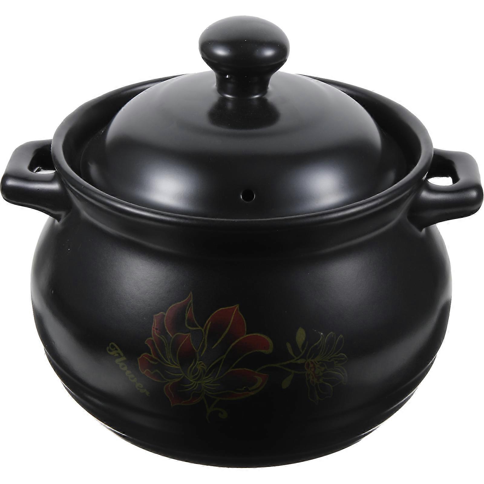 1 Pc Ceramic Casseroles Pot Earthenware Soup Pot Practical Stew Pot (Black)