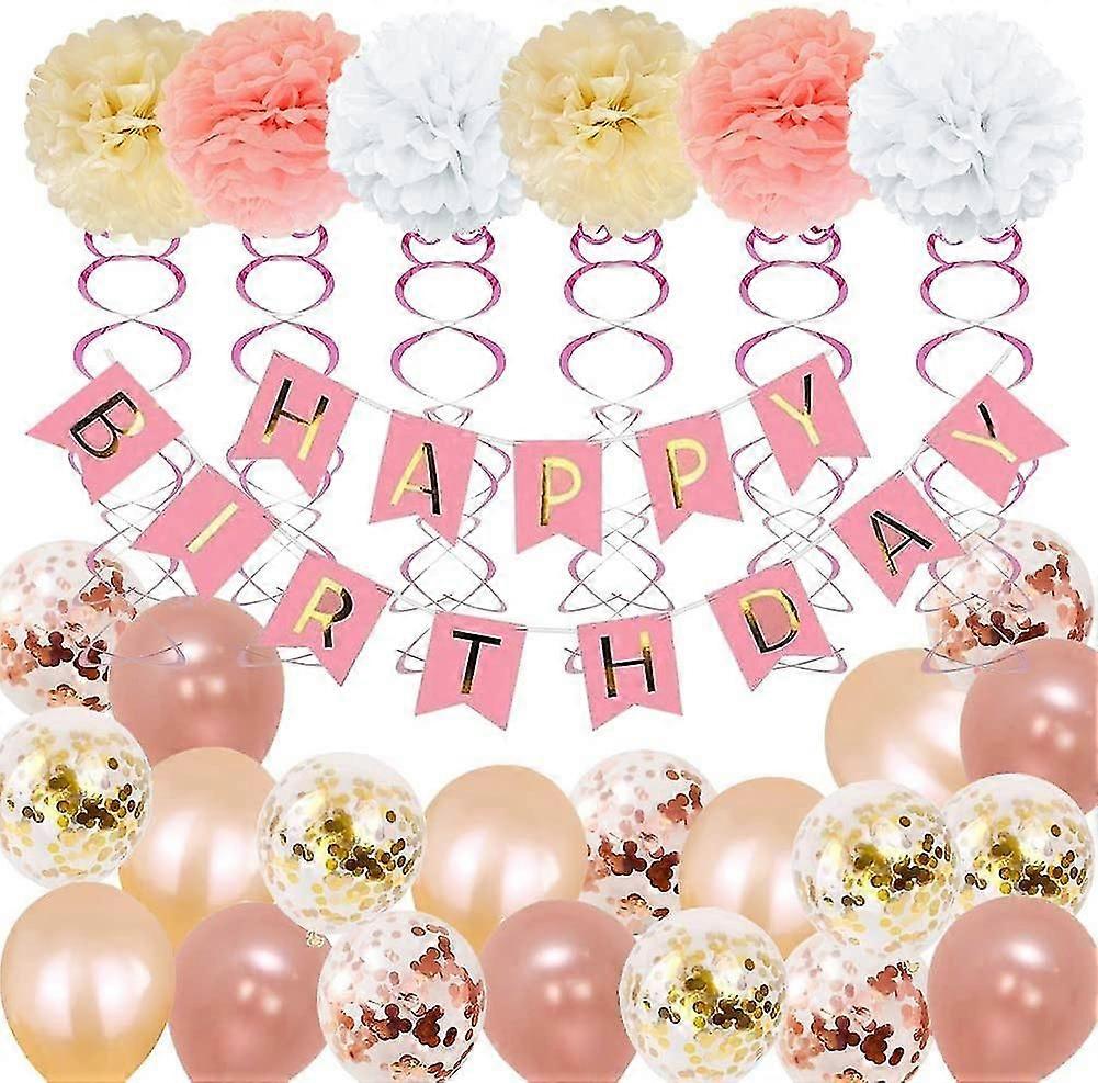 Birthday Decorations, Happy Birthday For Girl And Women Include 52pcs Banners Rose Gold Balloons