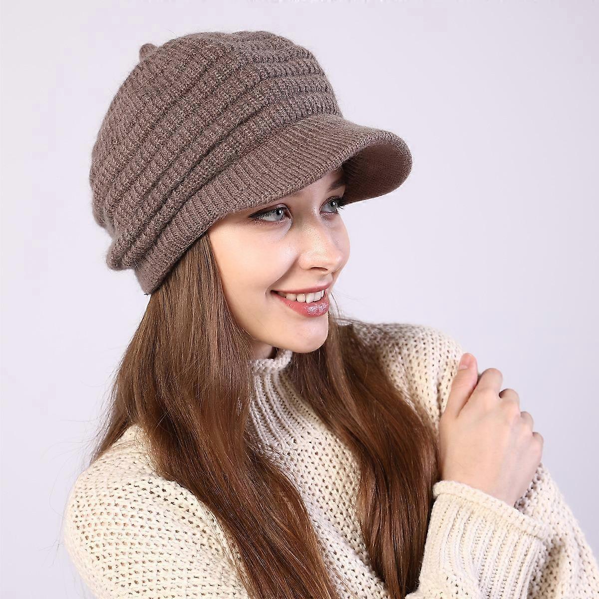 Winter Warm Fleece Lined Slouchy Beanie with Visor Knitted Newsboy Hats for Women Soft Cold Weather Hat with Brim