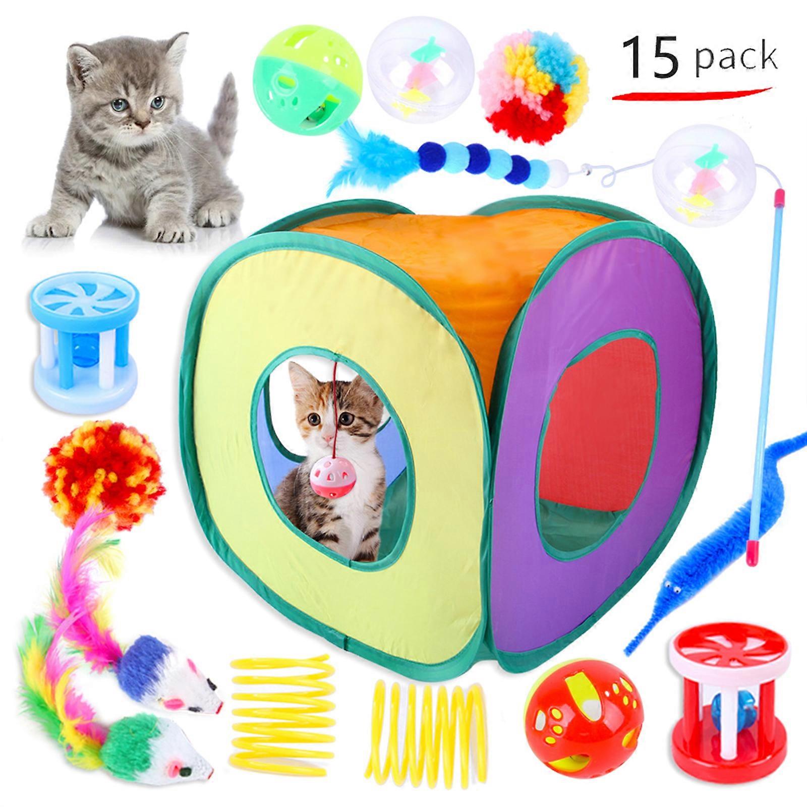 15pcs Cat Toy Set For Indoor Cats Cat Tunnel Tube Catnip Toy Cats Scratcher Toy Cat Interactive Toy Cat Stick Toy Wand rainbow