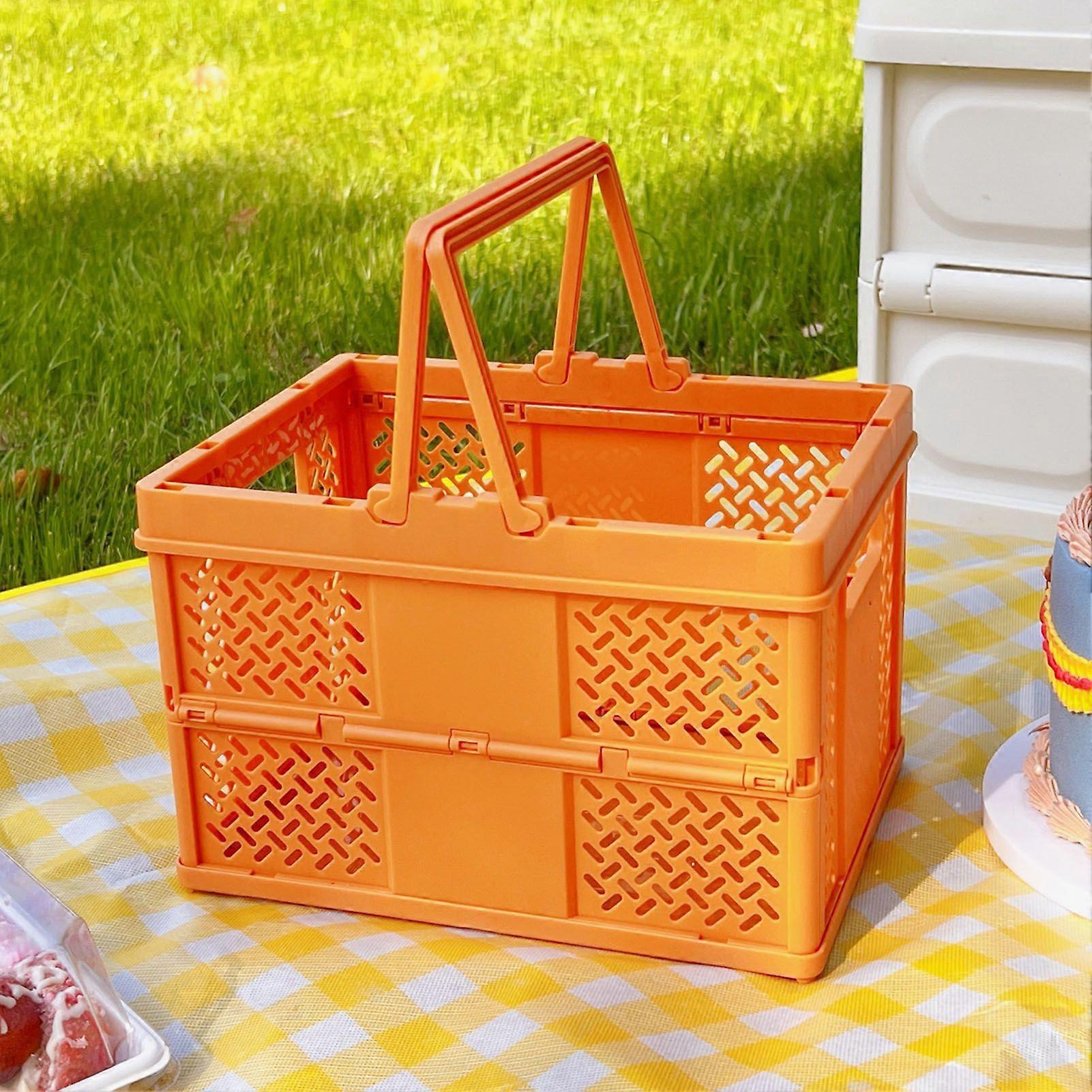 Folding Picnic Basket Stackable Storage Box Plastic Grocery Shopping Basket with Handles for Outdoor Home Orange