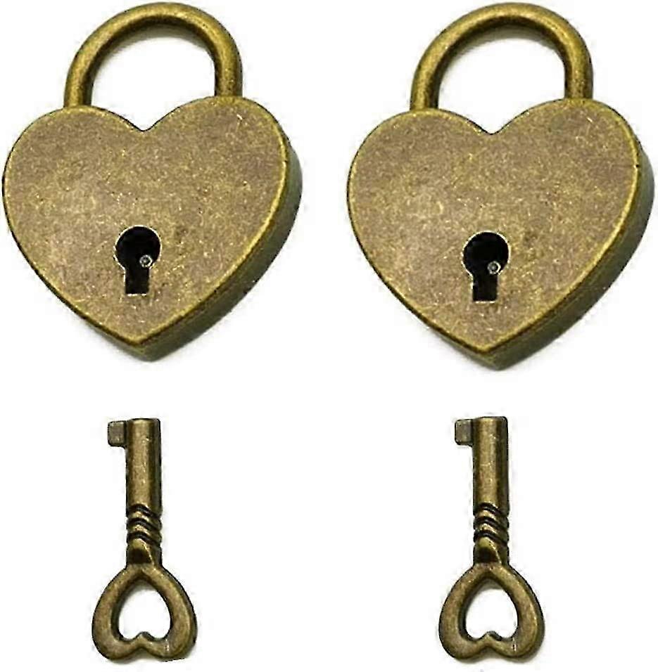 Set of 2 Vintage Style Heart Shaped Mini Padlock with Key Antique Bronze