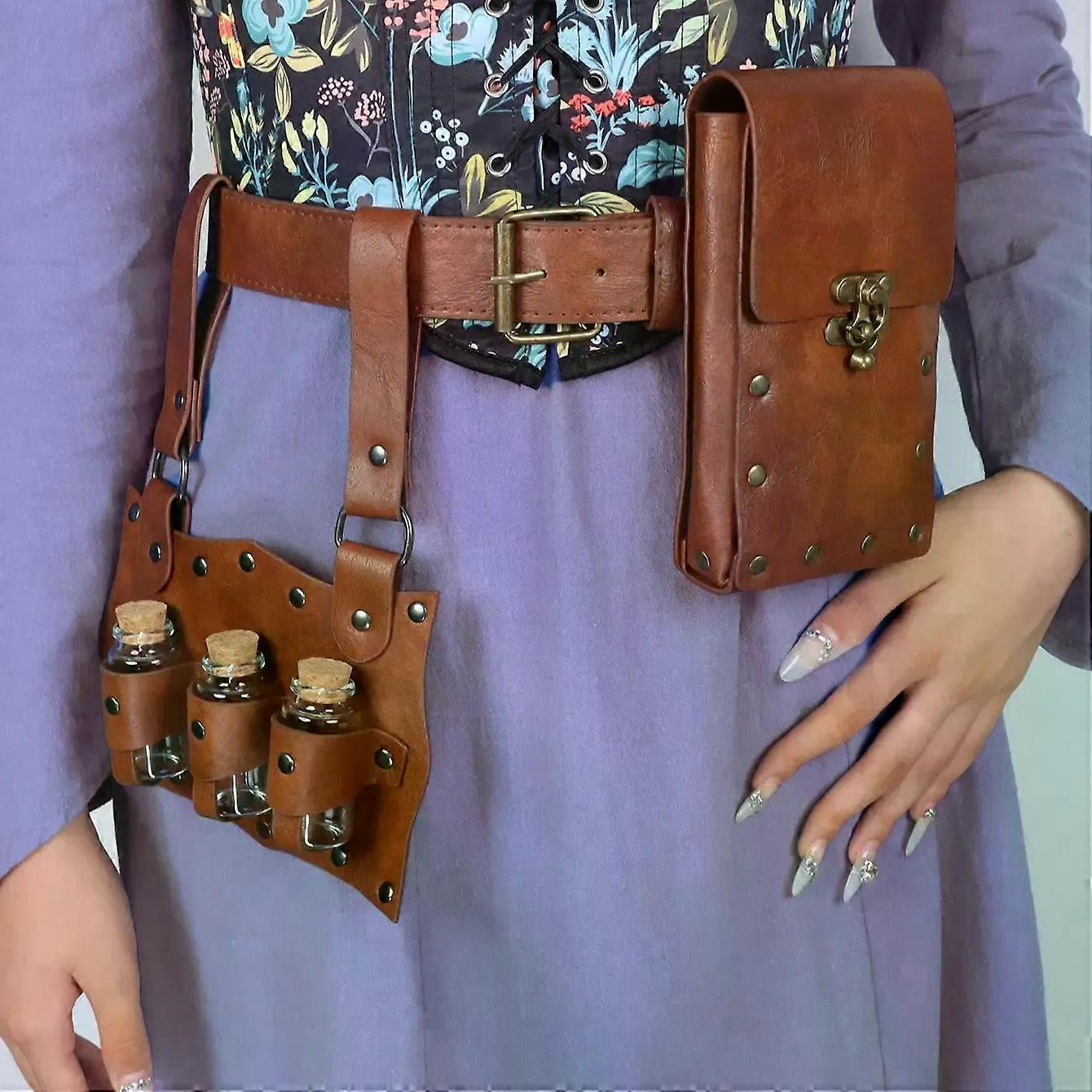 2PCS中世ブラウンヴィンテージファンタジーウィザードウエストポーチベルトバッグ、ハロウィーンコスプレアクセサリー用コルクポーションバイアル3個付き