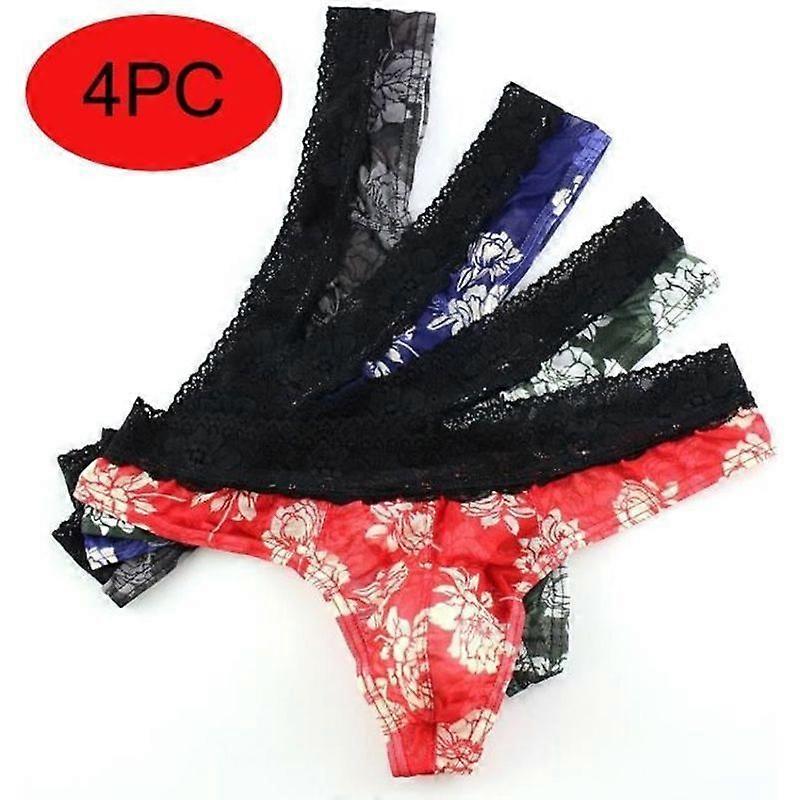 Men's 4PC Printed Breathable Transparent Lace Multicolor Thongs