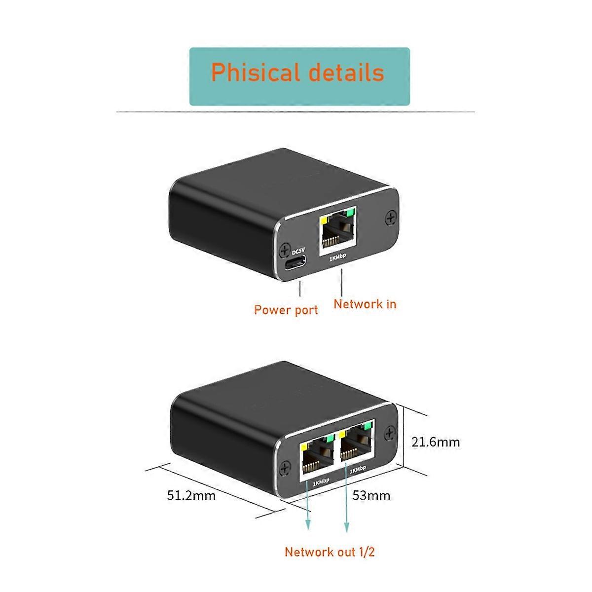 Ethernet Splitter 1 to 2 High Speed Ethernet Switch 1000Mbps 2 Port Gigabit Ethernet Splitter Splitt