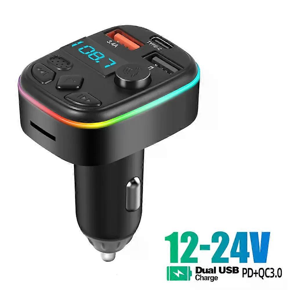 Bluetooth 5.0 FM Transmitter Handsfree Car Kit With PD 20W Type-C Dual USB 3.4A Fast Charger Ambient Light Cigarette lighter